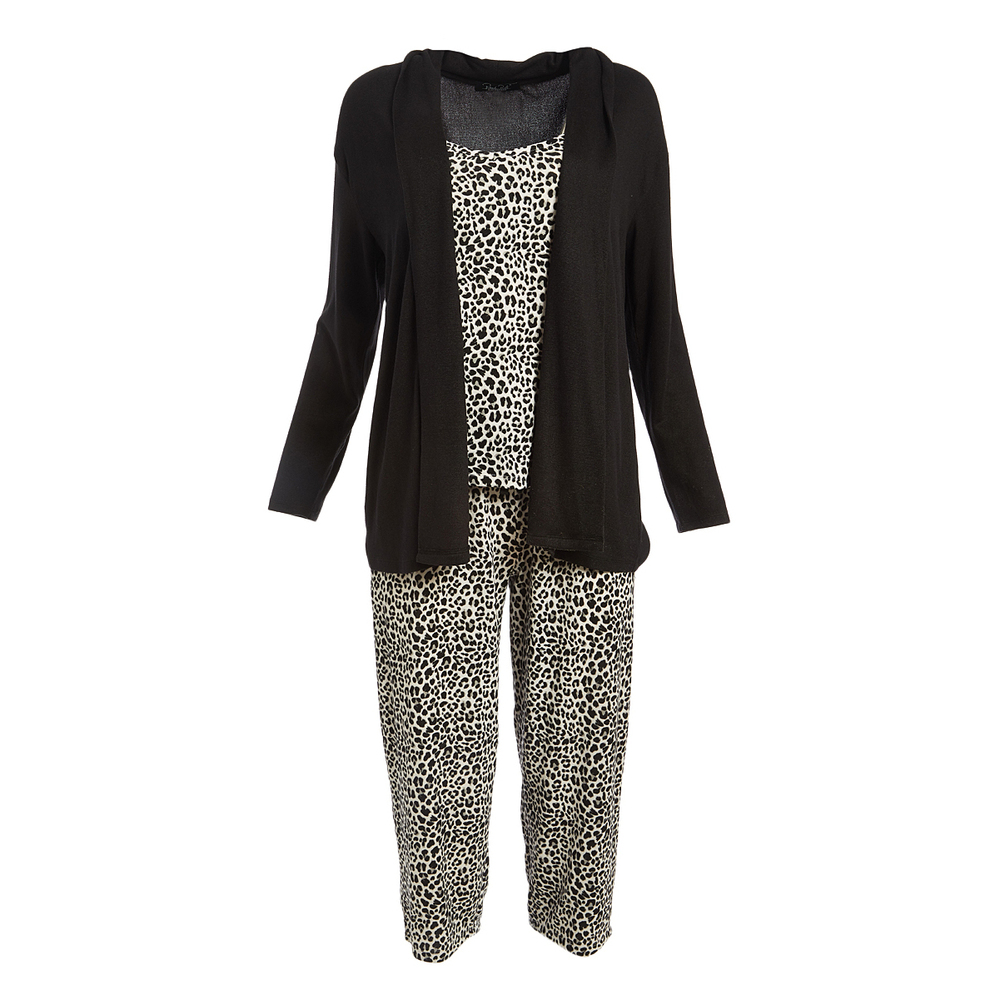 Rene Rofe Womens Hacci Pajama Capri Pants Set , Black & Ivory Leopard, M